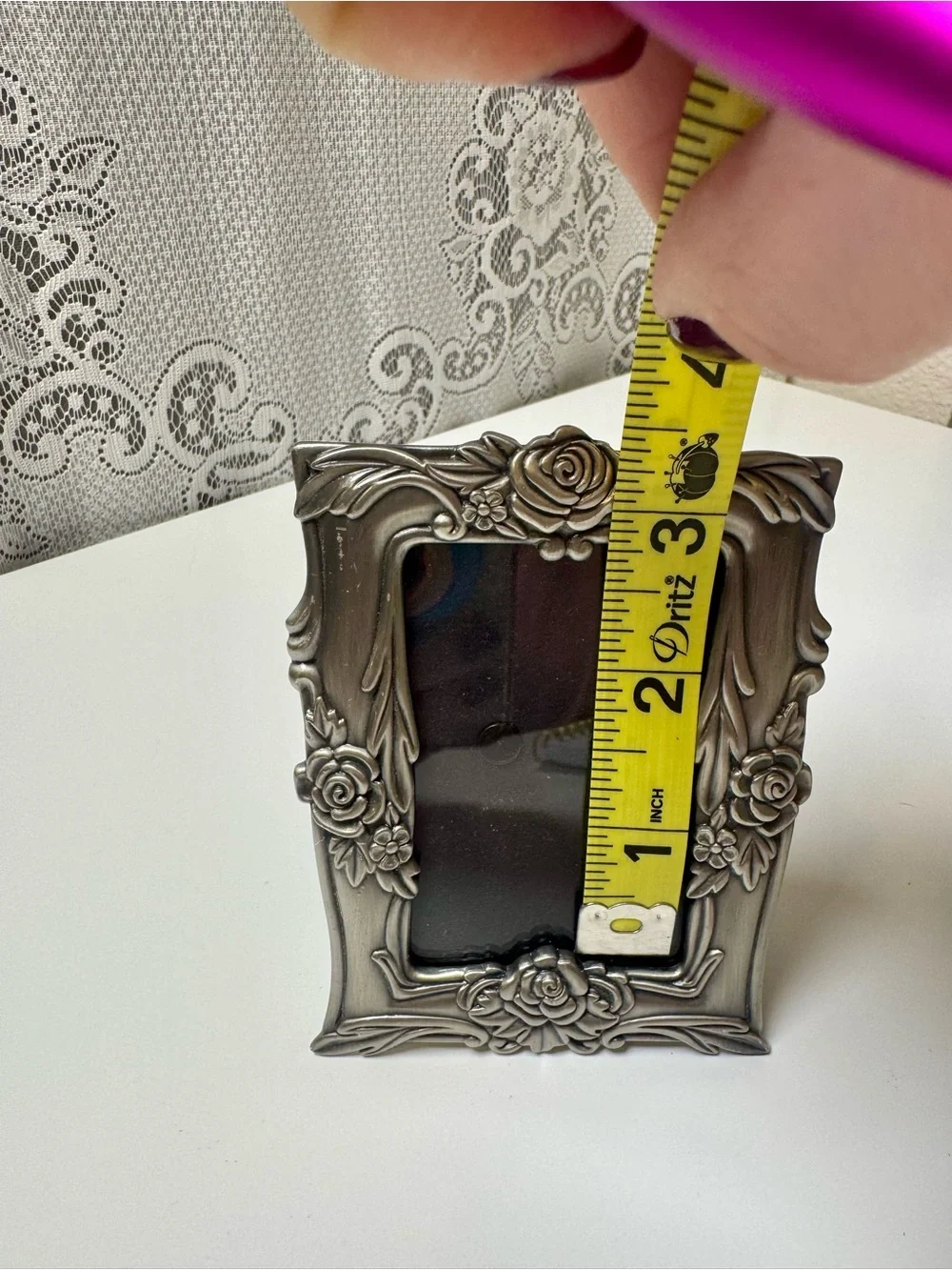 Decorative Pewter Silver Colored Floral Picture Frame -2”x3”